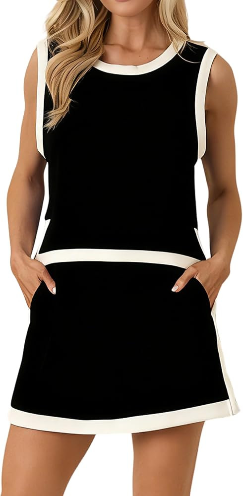 Womens Summer Skort Set Color Blocked Sleeveless Tank Top Mini Skirt 2 Piece Outfits Casual Match... | Amazon (US)