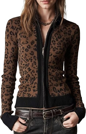 CHARTOU Women Leopard Zip Up Cardigan Color Block Slim Fit Open Front Sweater Coats | Amazon (US)