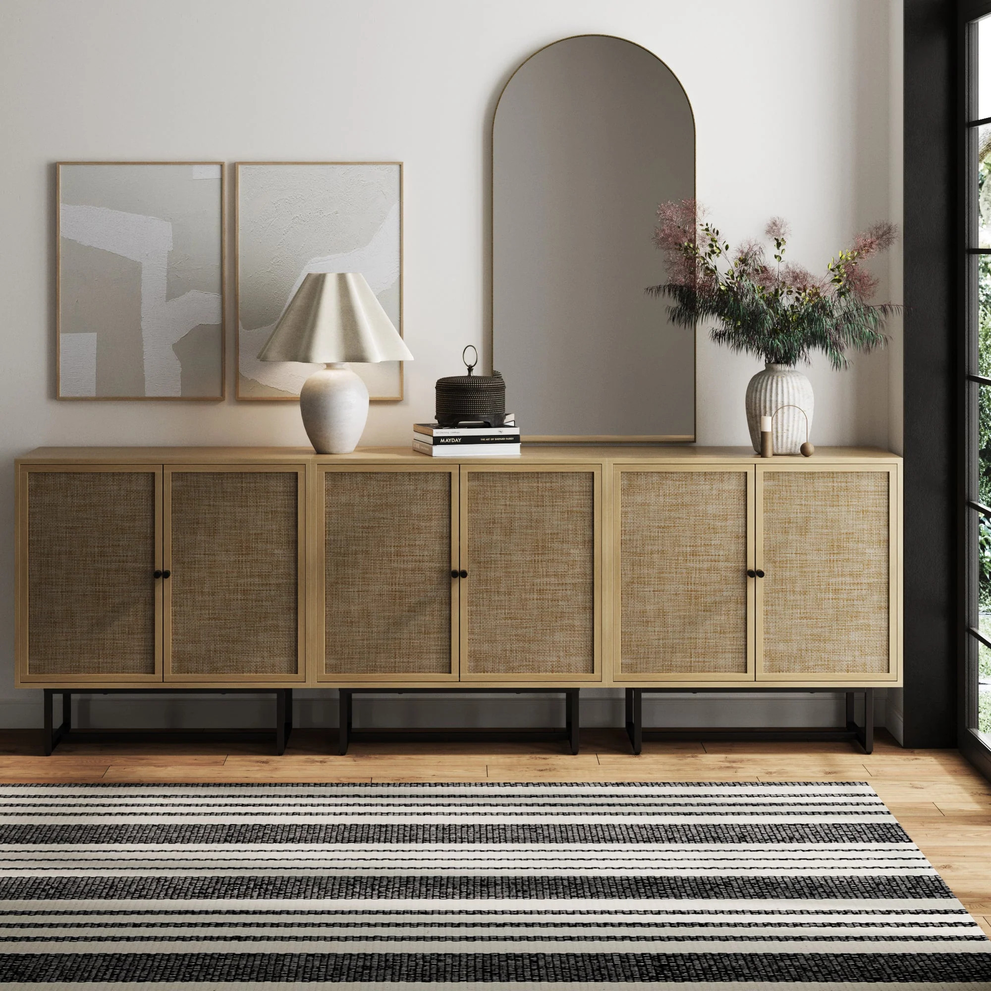 Rattan Storage Cabinet Credenza Oak (Set of 3) | Nathan James