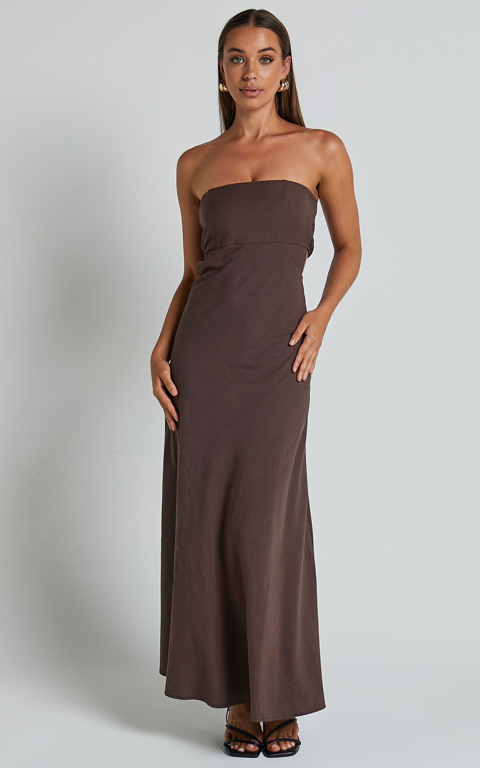 Elerie Maxi Dress - Strapless Linen Dress in Chocolate | Showpo (US, UK & Europe)