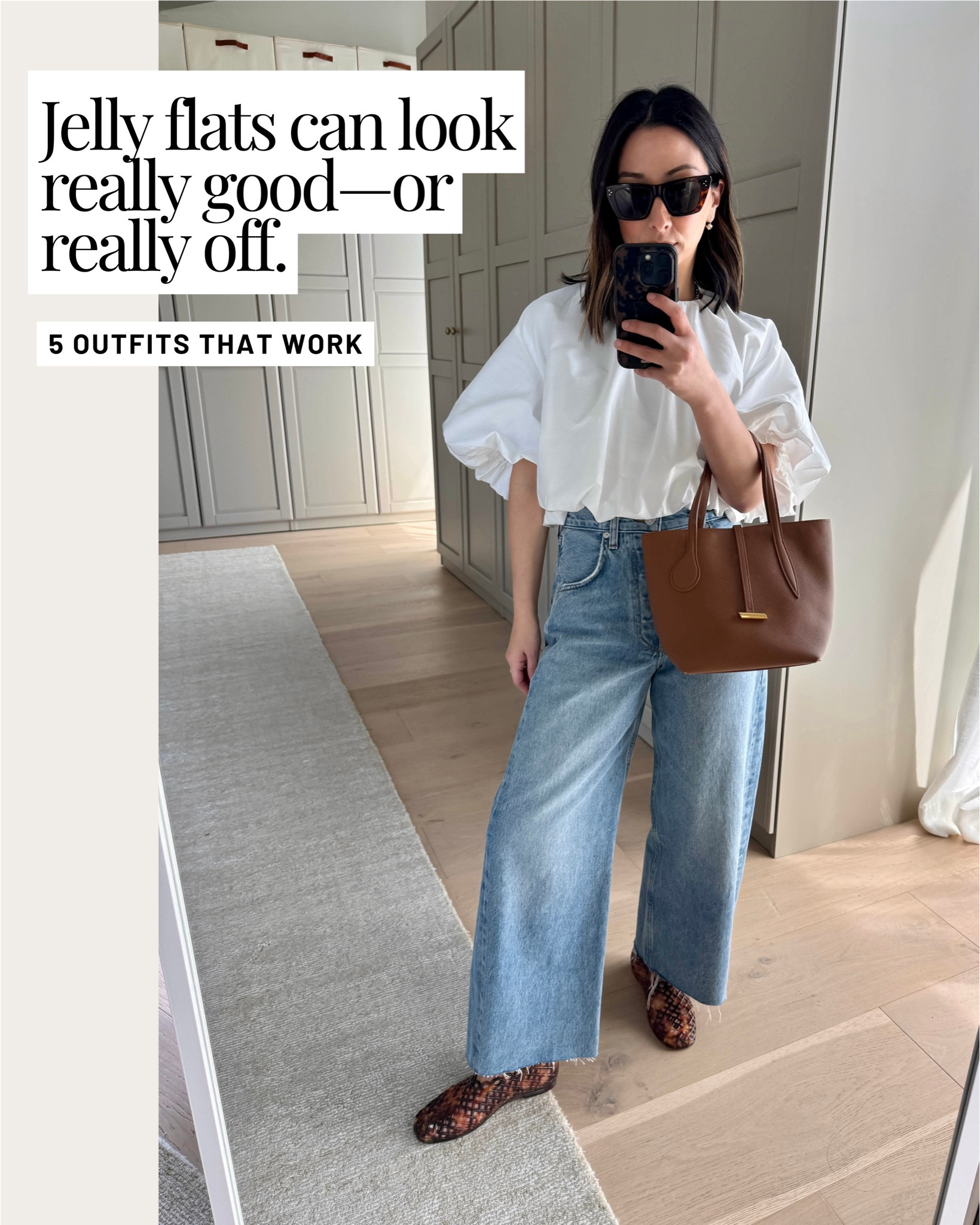 Jelly flats can look really good—or really off. It all comes down to styling.

The clear ones are super flattering on the leg, and the tortoise adds a bit more contrast. Sharing a few outfits that just work.

Look 1:
Zara top xs 
Citizens of Humanity Ayla jeans 25 
Steve Madden Jelly flats 5 
Liffner bag - old, linked similar 
Celine sunglasses 
Electric Picks earrings 
Celine sunglasses 
Dorsey James necklace 15"

Look 2:
Gap poplin Big Shirt petite xs 
Aritzia boxer shorts medium - old, linked similar
Amazon Jelly flats 5 
Liffner Pillow shoulder bag (color is old) 
Celine sunglasses

Look 3:
J.Crew dress petite 2 - size up if you have boobs 
Everlane boxy cashmere sweater xs 
Amazon jelly flats 5 
Polo Ralph Lauren hat 
The Row Park tote in medium 
Quince earrings 
Dorsey James necklace 15"

Look 4:
Alex Mill cardigan xs 
Gap Factory linen pants petite xs 
Amazon jelly flats 5 
Mansur Gavriel tote 
Polo Ralph Lauren hat 
Quince earrings 
Dorsey James necklace 15”

Look 5:
Tuckernuck tee xs 
Everlane shorts 2 
Steve Madden jelly flats 5 
Quince bucket bag 
Dorsey James necklace 15” 
Electric picks earrings 
Celine sunglasses

#LTKmomlife #LTKSeasonal #LTKPetite