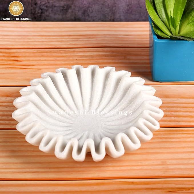 SWADESHI BLESSINGS HandCrafted Marble Ruffle Bowl/Antique Scallop Bowl/Fruit Bowl/Vintage Ring Di... | Amazon (US)