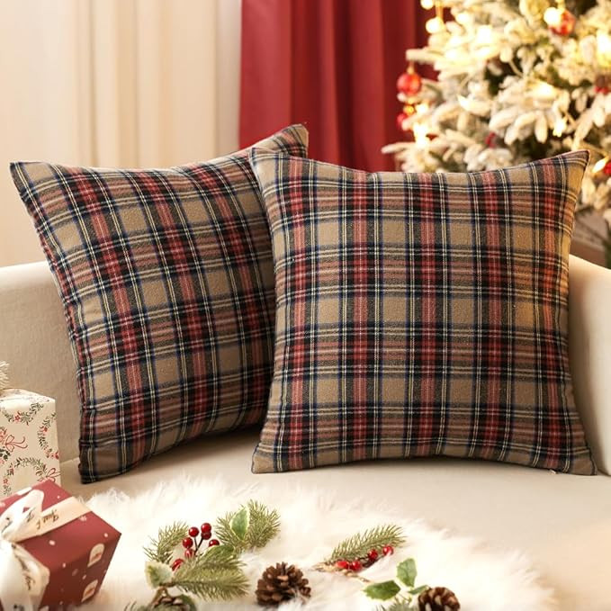 EMEMA Christmas Khaki Tartan Plaid Throw Pillow Covers 18x18 Inch Decorative Scottish Farmhouse R... | Amazon (US)