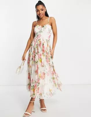 Lace & Beads corset tulle midi dress in soft floral | ASOS (Global)