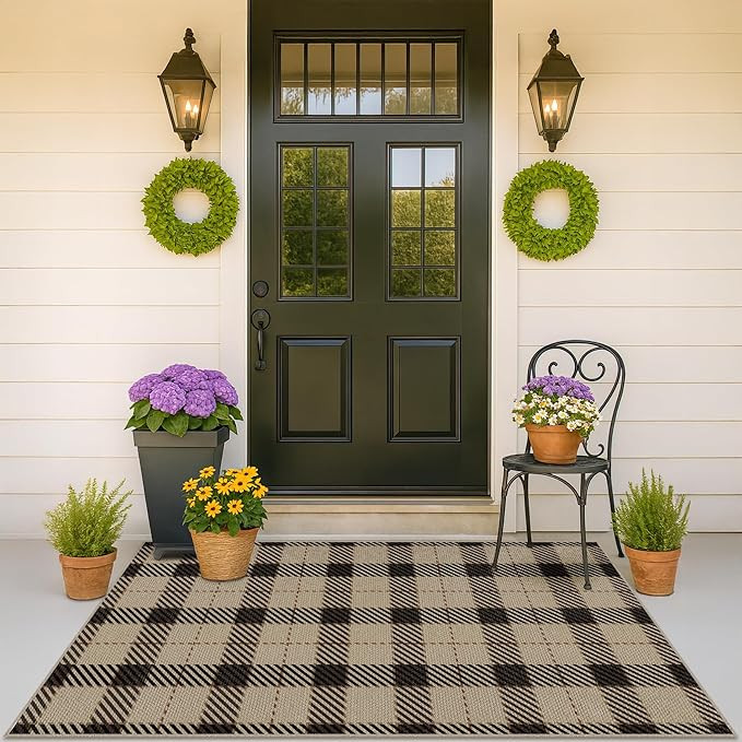 Washable Plaid Indoor Outdoor Rug 3x5 for Front Porch, Entryway, Patio, No Shed Easy Jute Non Sli... | Amazon (US)