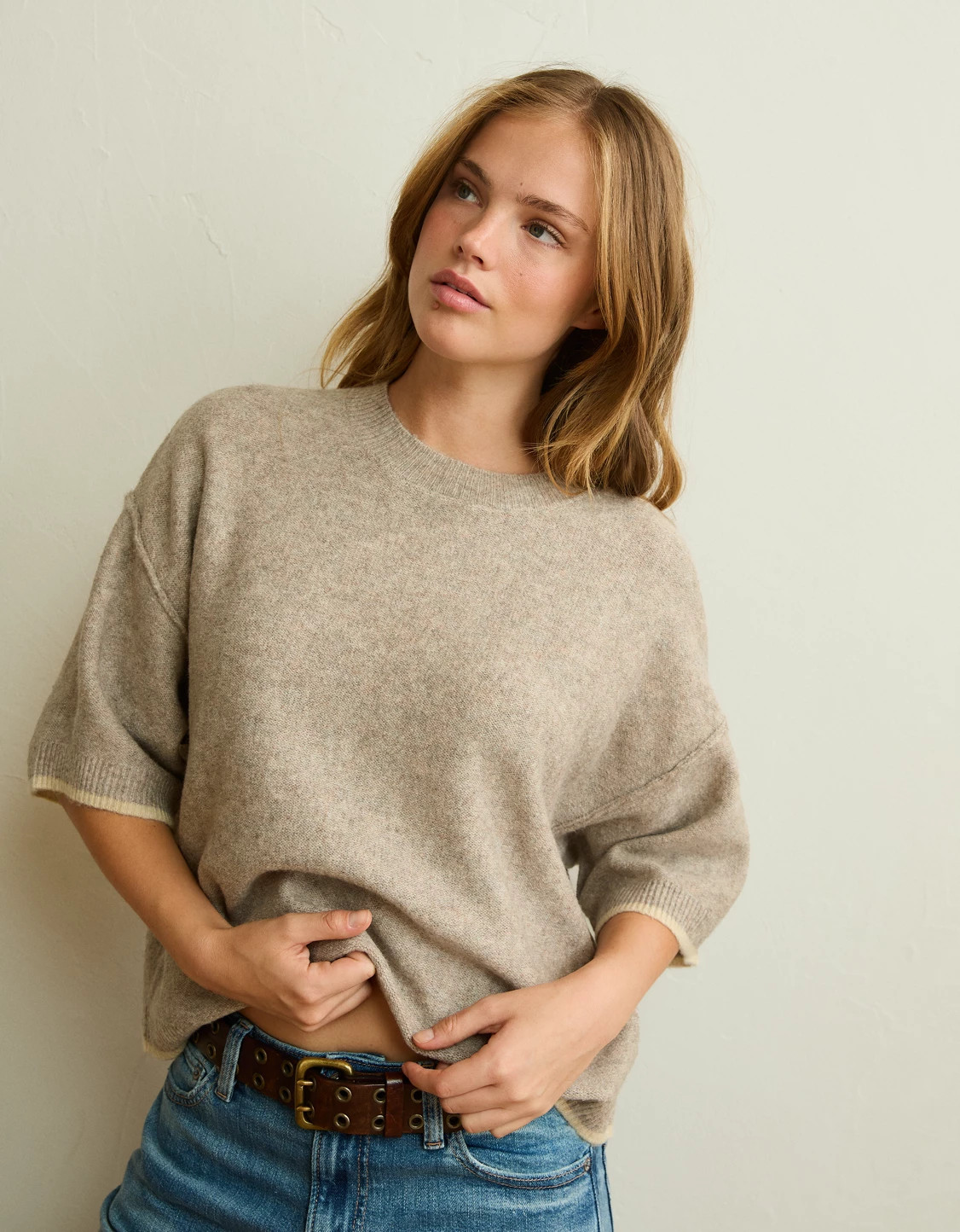 AE Whoa So Soft Short-Sleeve Sweater Women's Brown XXS | American Eagle Outfitters (US & CA)