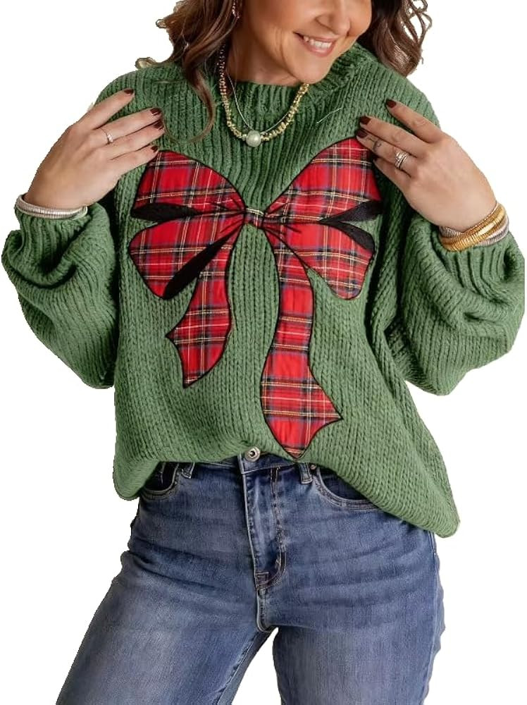 Autumn and Winter Christmas Women's Long Sleeved Knitted Sweater with Bow Pattern Round Neck Hood... | Amazon (US)