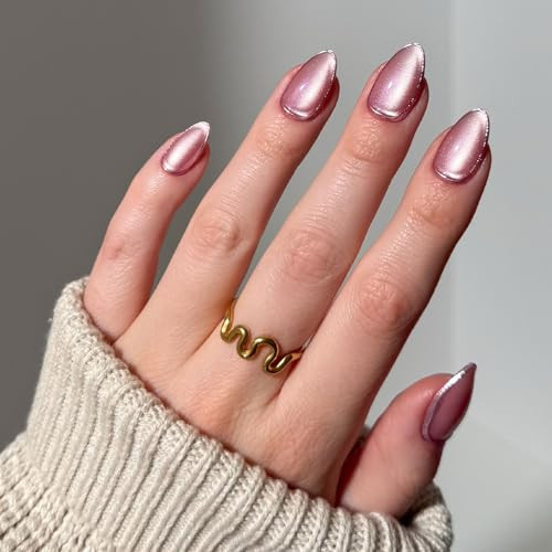 Glamnetic Press On Nails - Mertini | Short Almond Pink Cat Eye Fake Nails with Raised Gold Foil Accents, Reusable Summer Nails | 15 Sizes - 30 Nail Kit with Glue | Amazon (US)