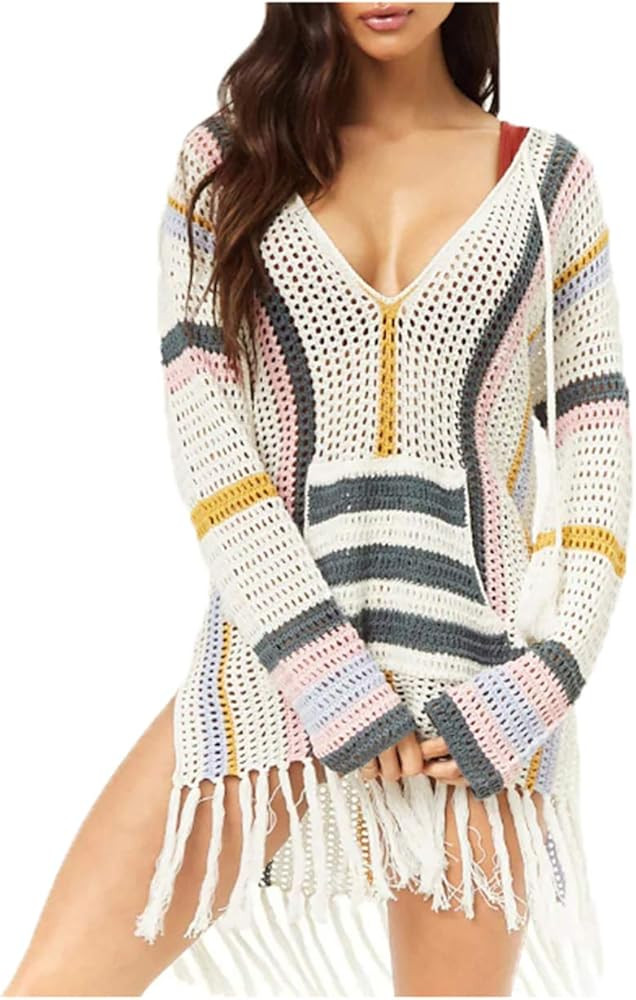 Wander Agio Beach Tops Sexy Perspective Cover Dresses Bikini Cover-ups Net Tassels Stripe Color | Amazon (US)