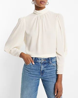 Gathered Mock Neck Long Sleeve Open Back Top | Express