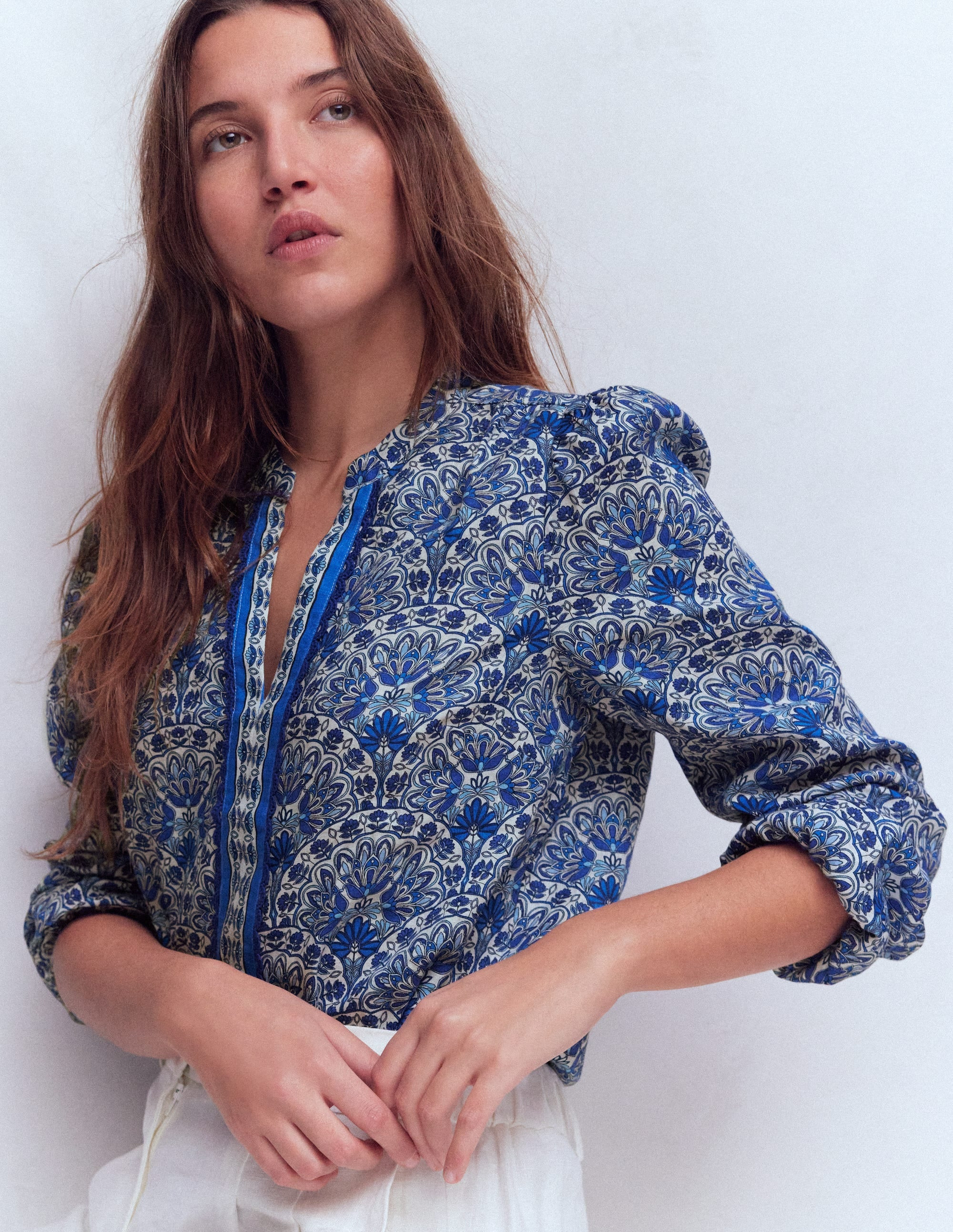 Notch Neck Linen Trim Top-Blue, Elaborate Terrace | Boden UK