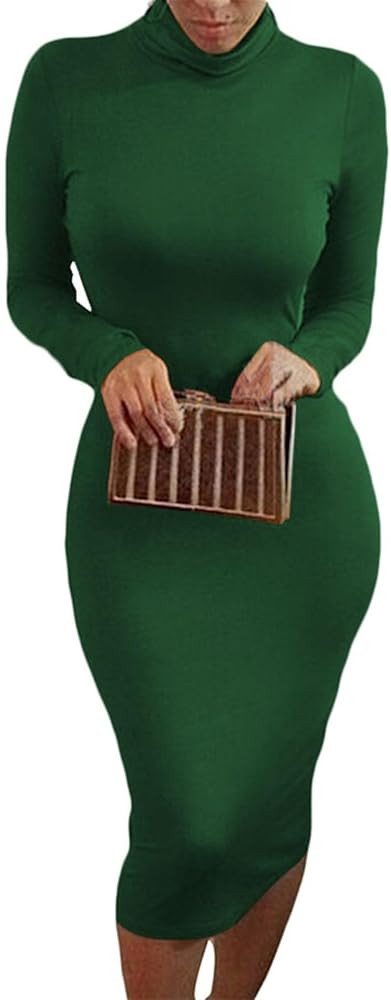 Pink Queen Womens Sexy Fall Knit Dress High Neck Long Sleeve Bodycon Midi Winter Dresses | Amazon (US)