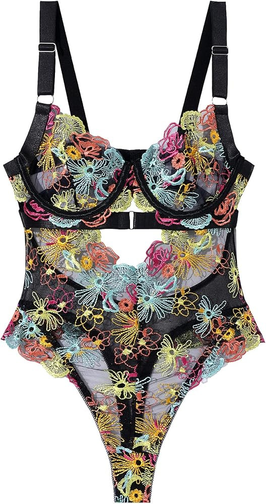 SEAUR Women's Sexy Lace Floral Embroidered Teddy Bodysuit Mesh Sheer One Piece Hollow Out Lingeri... | Amazon (US)