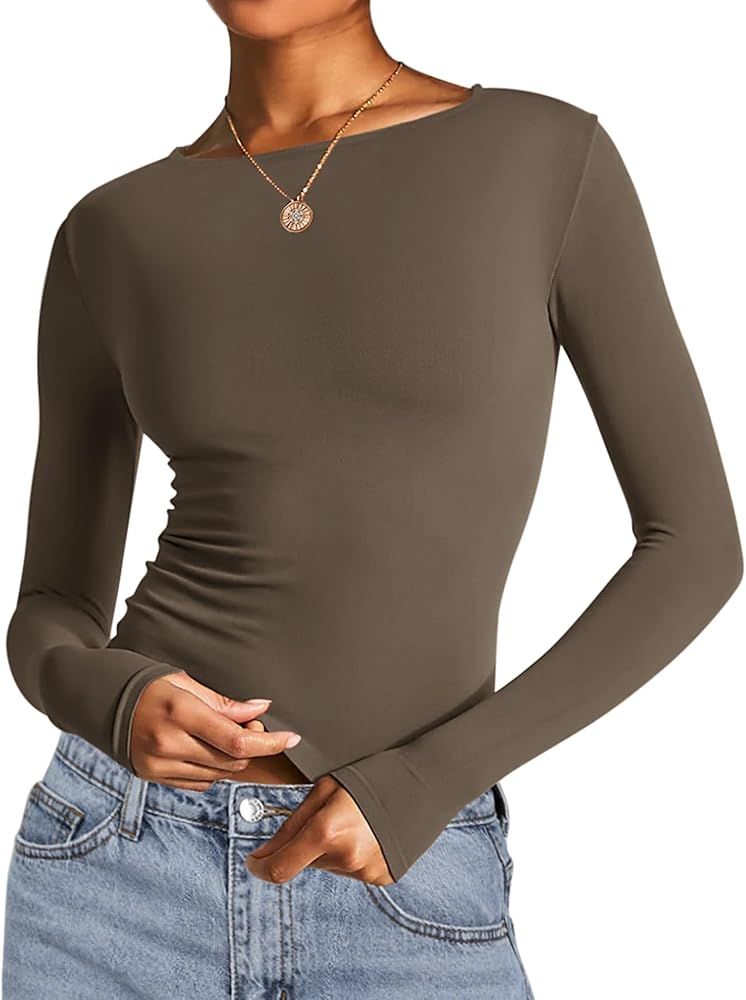 AKEWEI Long Sleeve Crop Tops for Women 2 Pack Fall Going Out Outfits Cute Tight Basic Tees Shirt | Amazon (US)