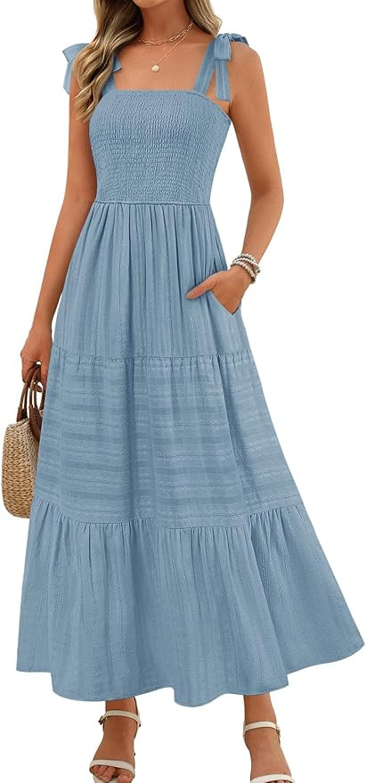 MEROKEETY Women's Summer Boho Maxi Dress Beach Vacation Casual Smocked A Line Sundress with Pocke... | Amazon (US)