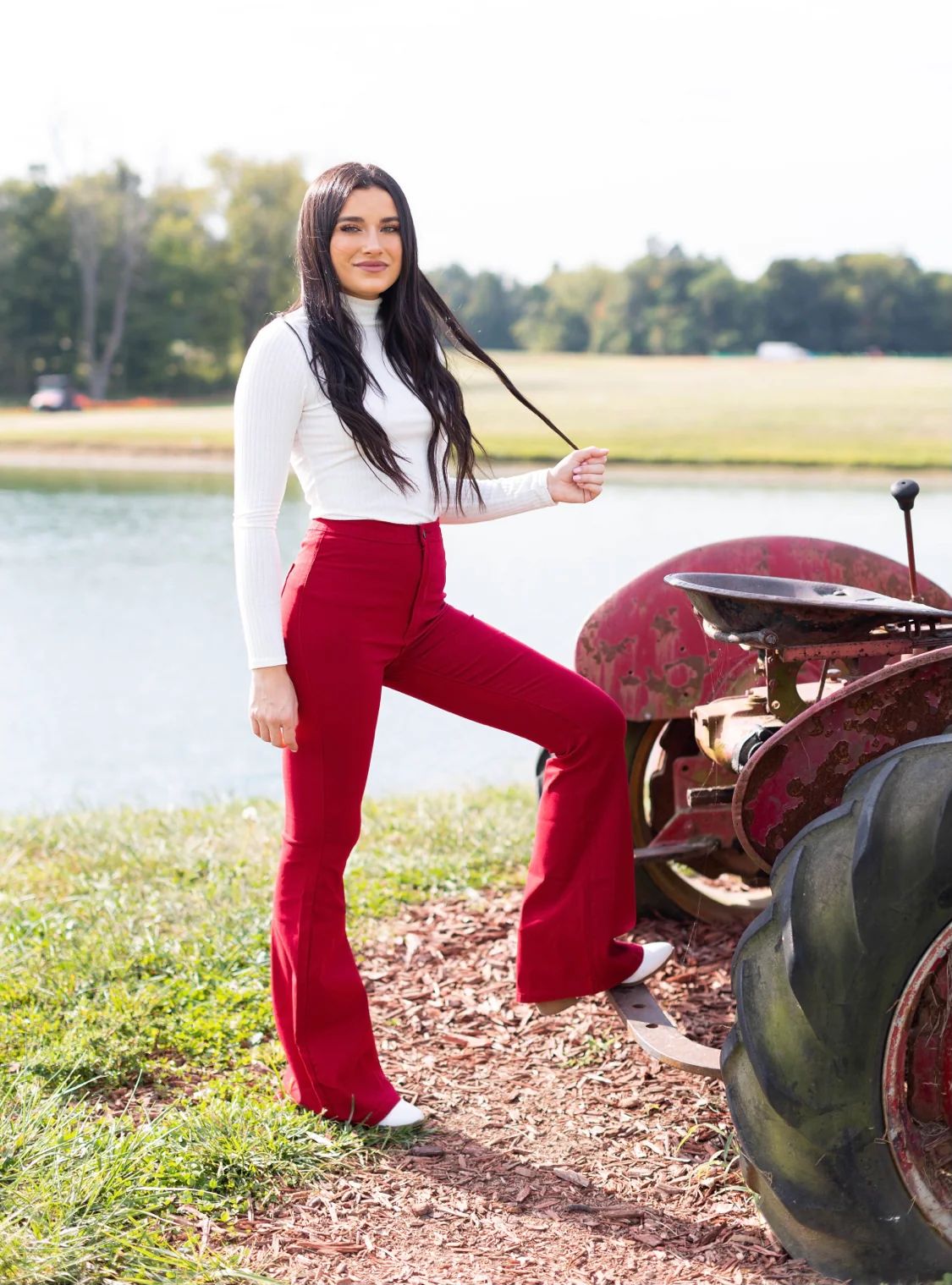 Fiona High Waisted Bell Bottom Flare Jeans - Red | Willow Boutique