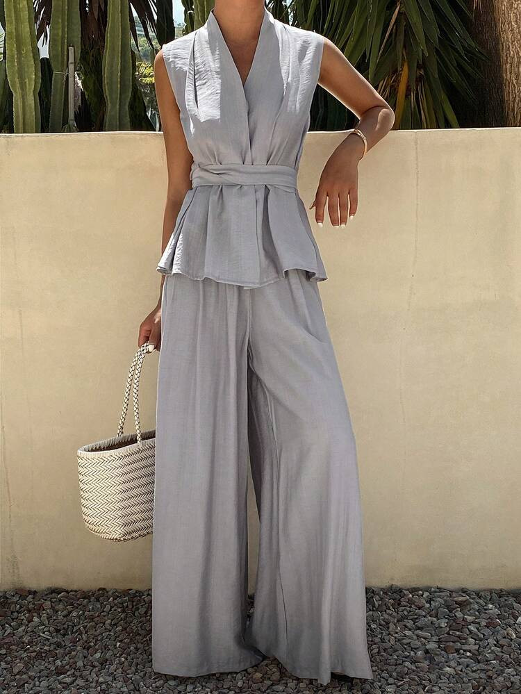 Livesso Women's Sleeveless V-Neck Top And Casual Pants Two Pieces Set, Suitable For Summer Vacation, Commuting And Office Wear | SHEIN