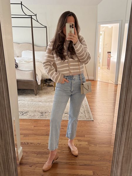 Abercrombie outfit. Striped gold button sweater jacket and ultra high rise ankle straight jeans (both run true to size). Wearing S in sweater and 26 in jeans. Chloe flats run true to size (wearing 37)    

#LTKfindsunder100 #LTKSeasonal