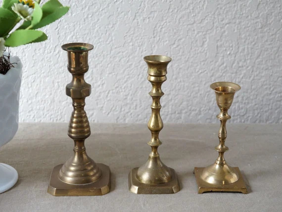 Set of 3 Indian Brass Candlestick Holders | Etsy (US)