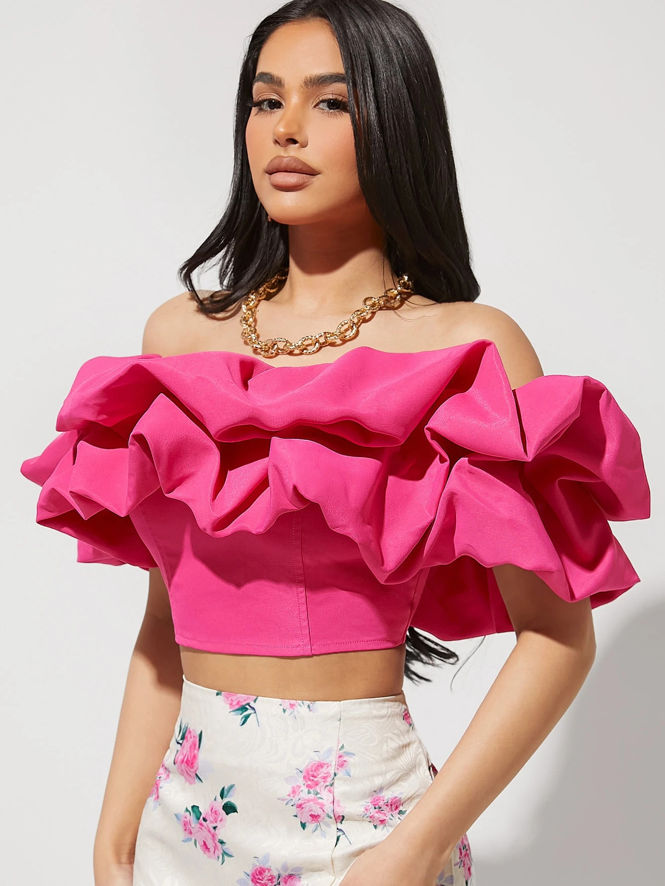 SHEIN Privé Off Shoulder Exaggerated Ruffle Trim Crop Top | SHEIN