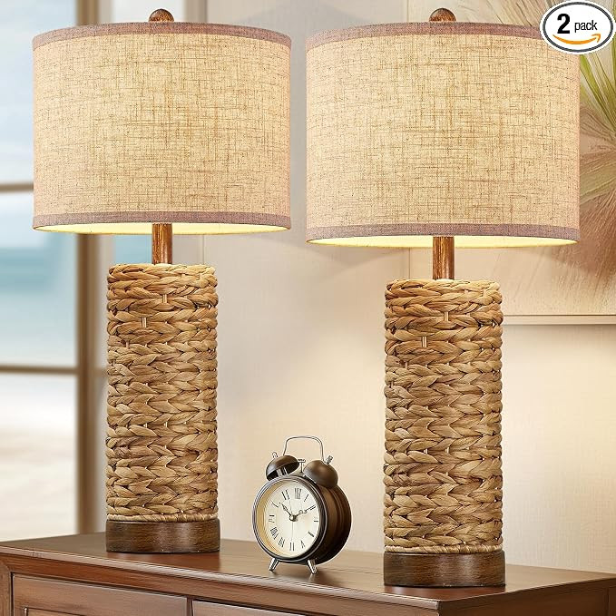 BOWOBO 27.5'' Tall Natural Rattan Table Lamps Set of 2, Hand - Woven Wicker Lamp with Linen Shade... | Amazon (US)