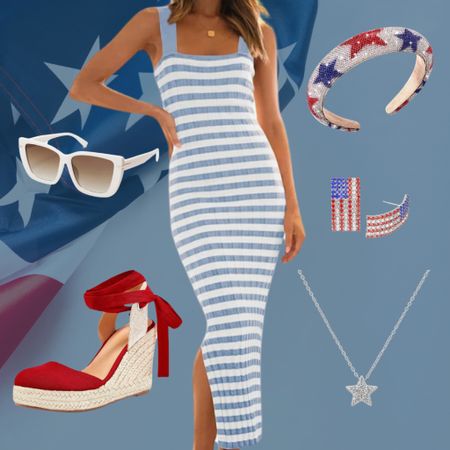 Memorial Day Outfit Inspo! 🇺🇸 You can also use this for 4th of July outfits too! I just love the stripes and fit of this dress. And those espadrilles! 😍 Added in some rhinestone bling with the headband, earrings & necklace. 🥰

#LTKSaleAlert #LTKSeasonal #LTKStyleTip