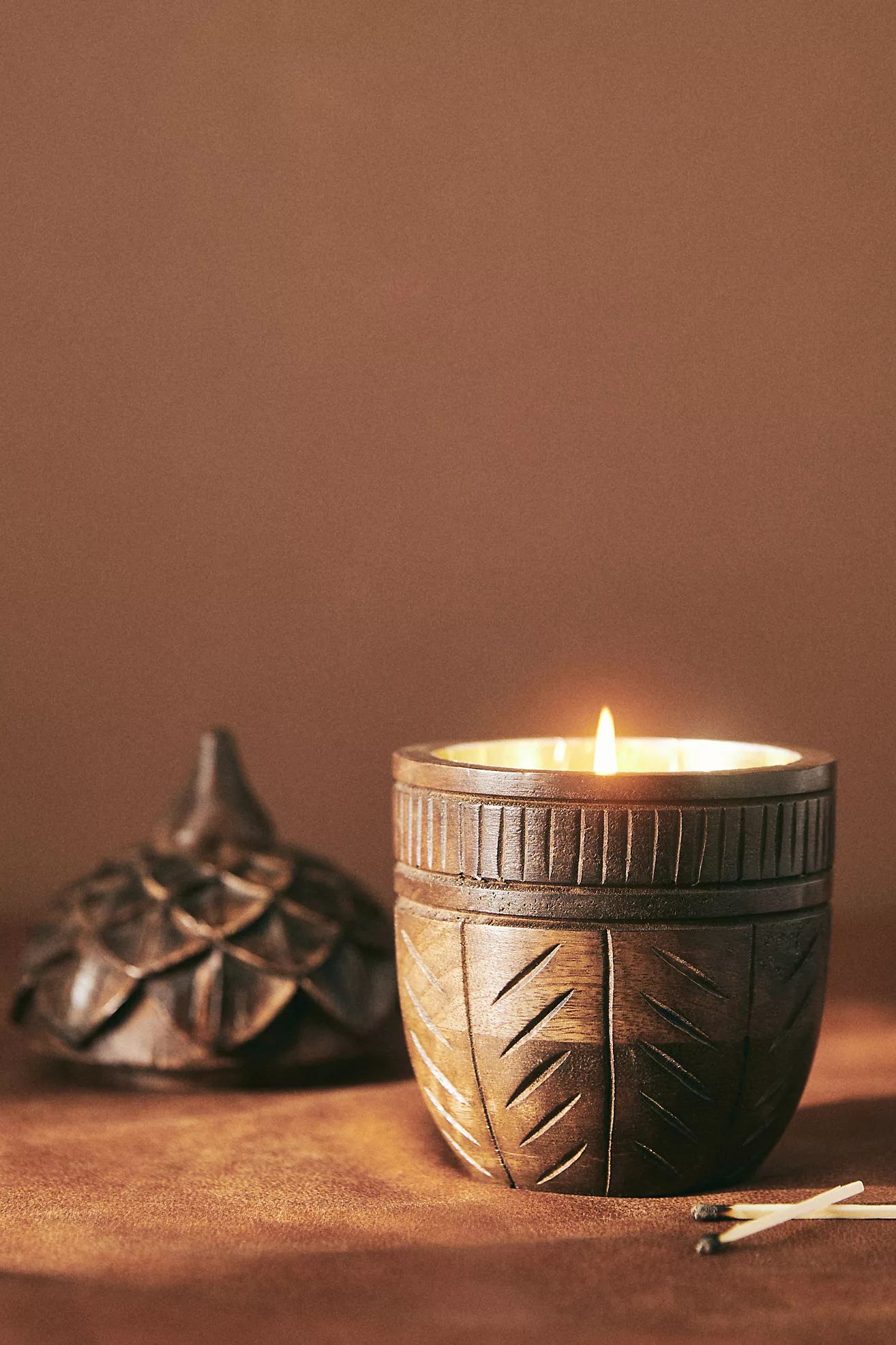 Large Leather & Leaves Wooden Acorn Candle | Anthropologie (US)
