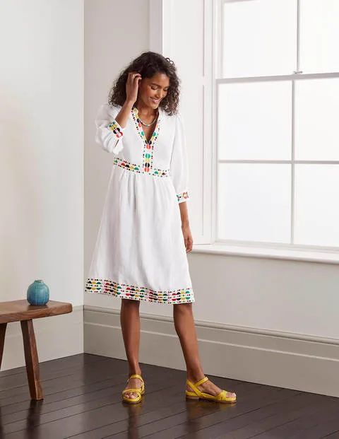 Dakota Embroidered Linen Dress White Women Boden | Boden (US)