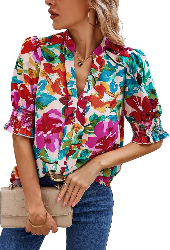 Angashion Women Tops Short Sleeve - Summer Casual V Neck Solid Color Flowy Trendy Tunic Blouses S... | Amazon (US)