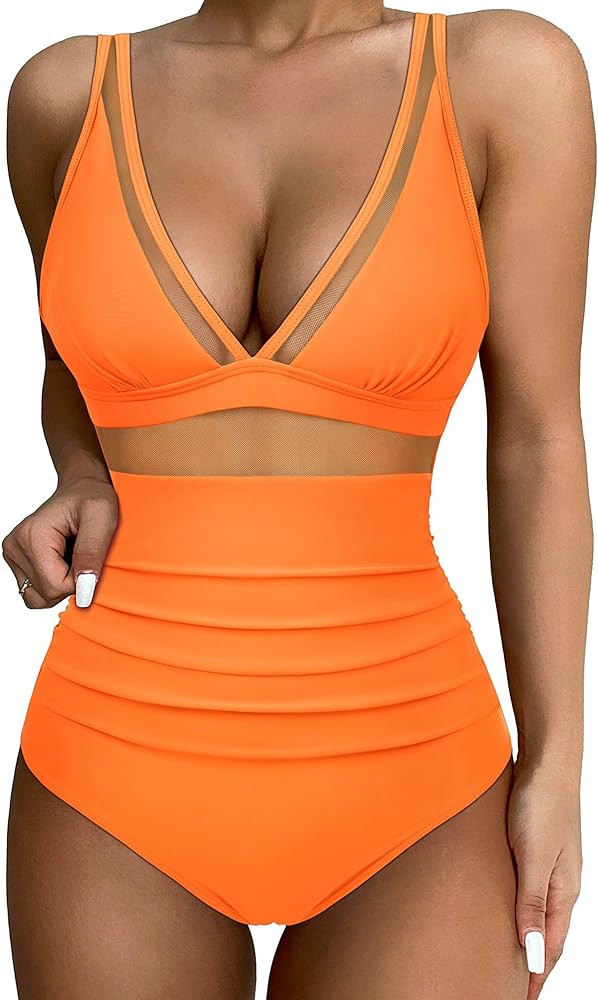 SUUKSESS Women Sexy Mesh Tummy Control Swimsuit Push Up High Waisted Bathing Suit | Amazon (US)