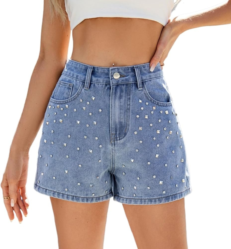 Women's Rhinestone Denim Shorts High Waist Jean Short Y2K Summer Casual Jean Shorts Trendy 2025 Y... | Amazon (US)