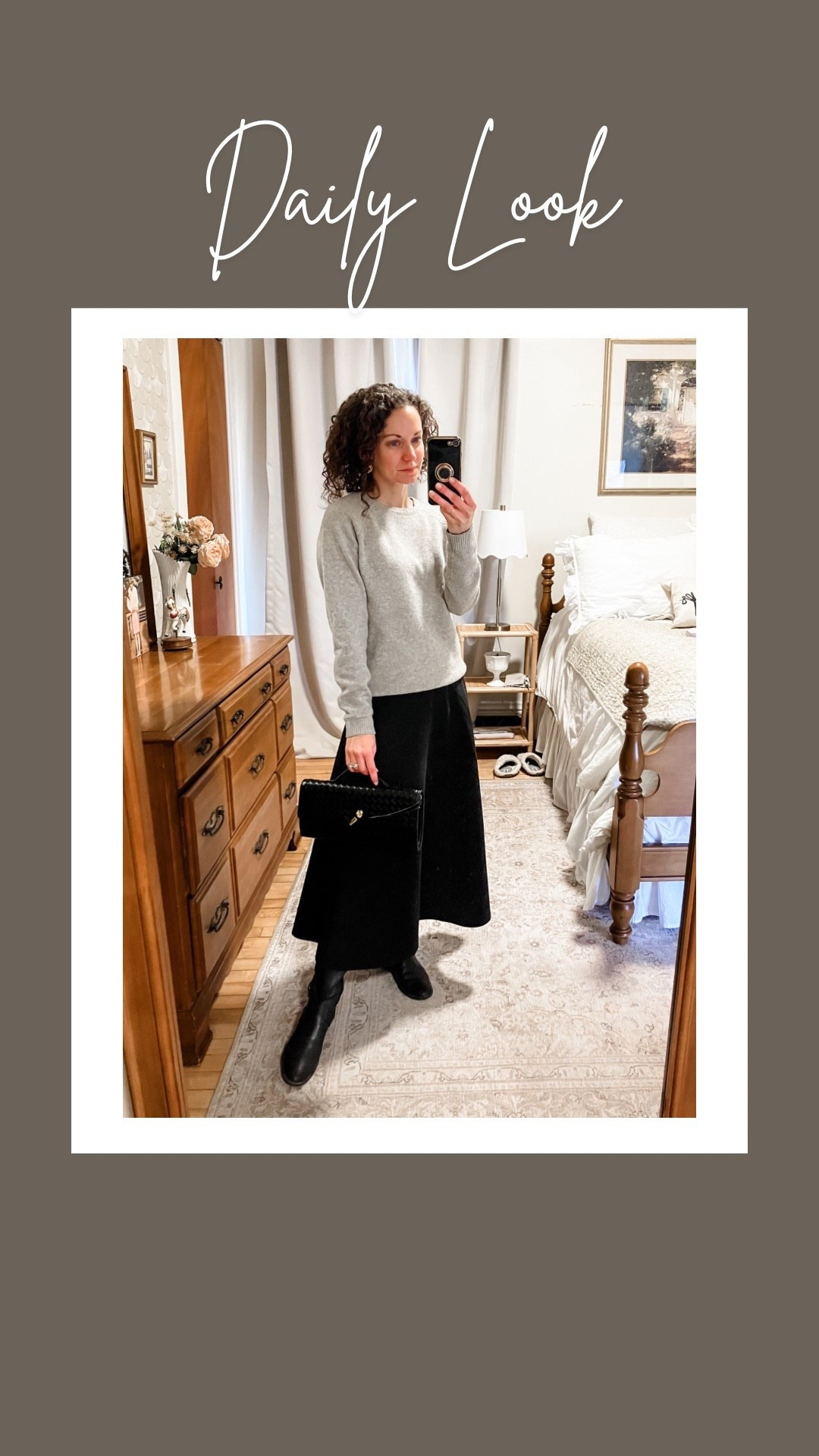 A grey wool sweater and black winter skirt!
Grey wool yak sweater from @Quince 
Black winter weight skirt from Amazon. 
Gold door knocker earrings from a local boutique, linking similar. 
Black woven handbag from @Chicwish 
Black leather riding boots are old from Naturalizer, linking similar. 
Petite outfit. Neutral outfit. Classic outfit. Winter outfit. Parisian outfit  

#LTKootd #LTKgrwm #LTKdayinmylife