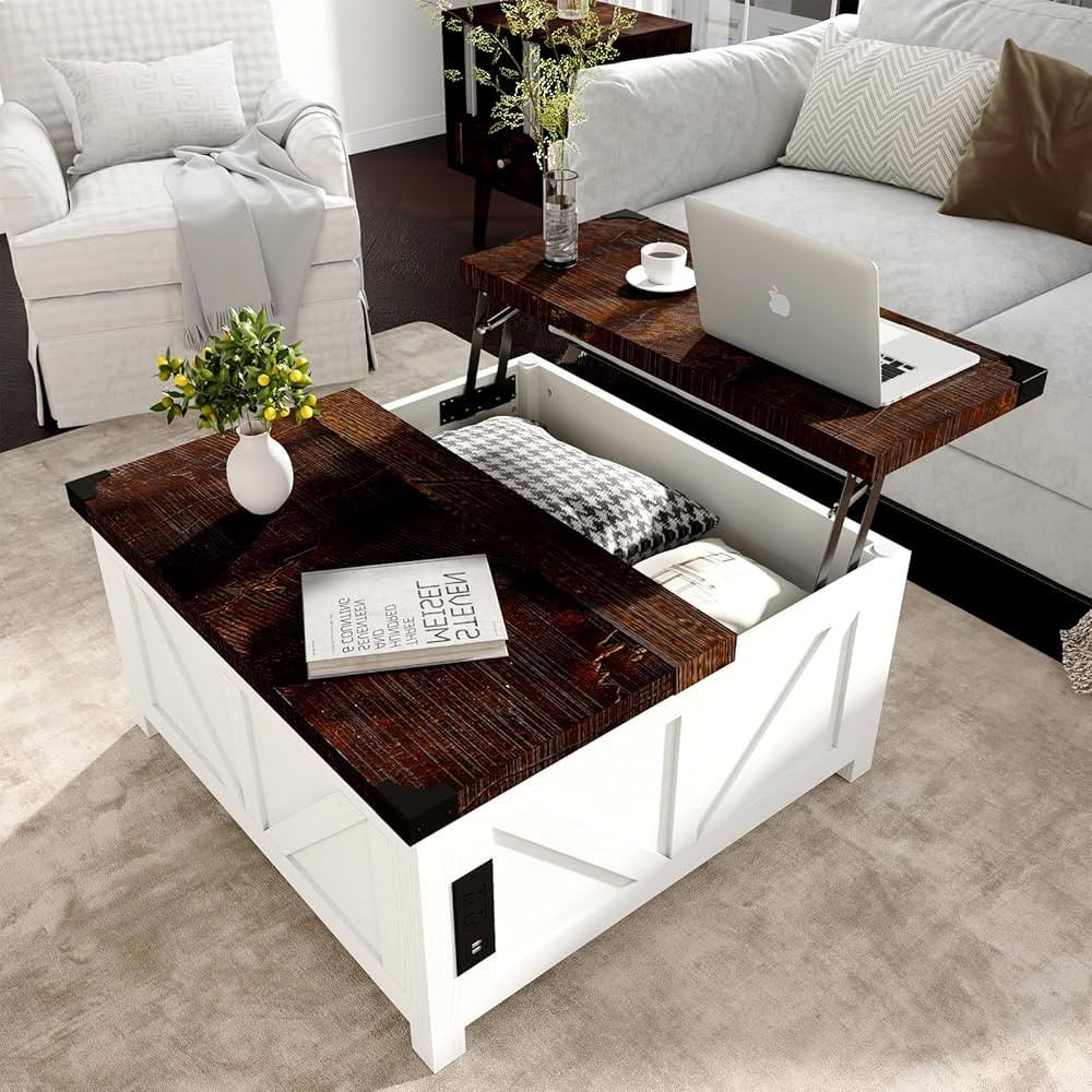Farmhouse Lift Top Coffee Table with Storage, Wood Square Center Table with Charging Station&USB ... | Amazon (US)