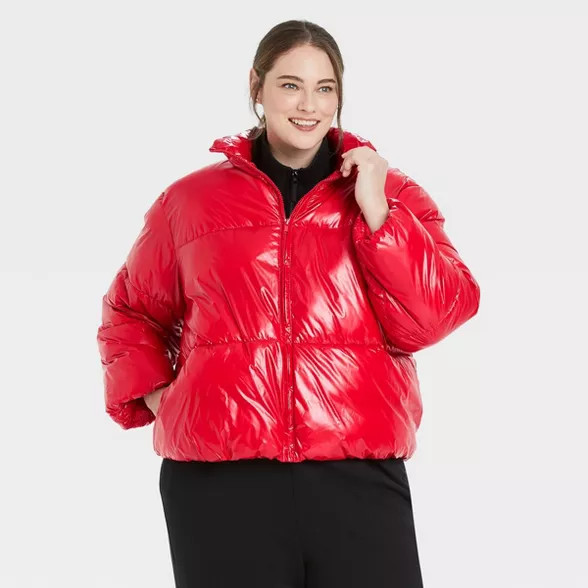 Women's Plus Size Short Wet Look Puffer Jacket - A New Day™ Wowzer Red 1X | Target