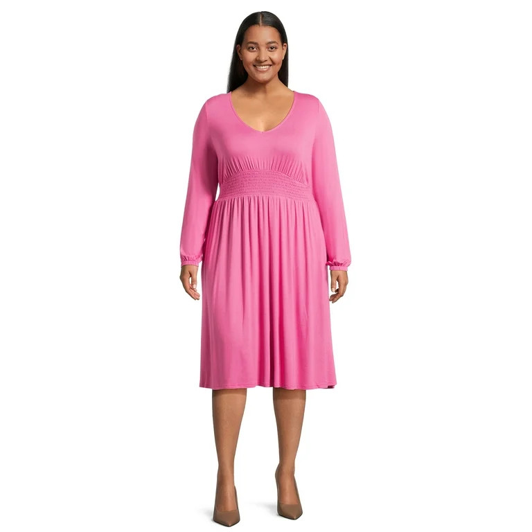 Terra & Sky Women's Plus Size Smock Waist Dress with Long Sleeves | Walmart (US)