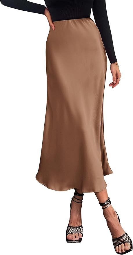 PRETTYGARDEN Women's Midi Satin Skirt Dressy Casual High Waisted A Line Flowy Ruffle Elegant Part... | Amazon (US)