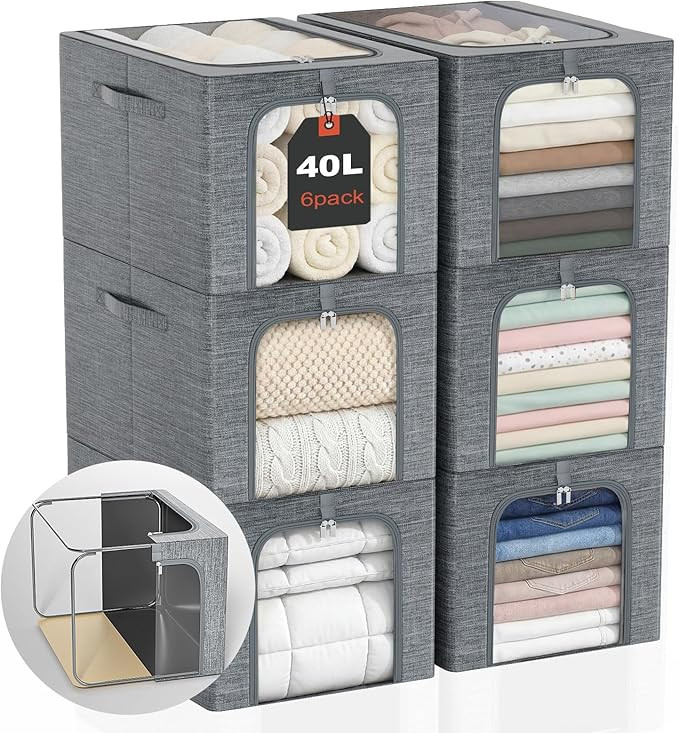 GoMaihe Clothes Storage Bin with Metal Frame: 6-Pack Stackable Closet Storage Bin with Lid & Clea... | Amazon (US)