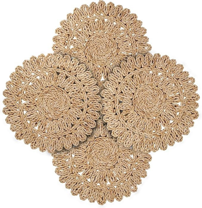 11.8" Corn Husk Woven Round Placemats Set of 4 - Wicker Boho Farmhouse Placemats - Rattan Table M... | Amazon (US)