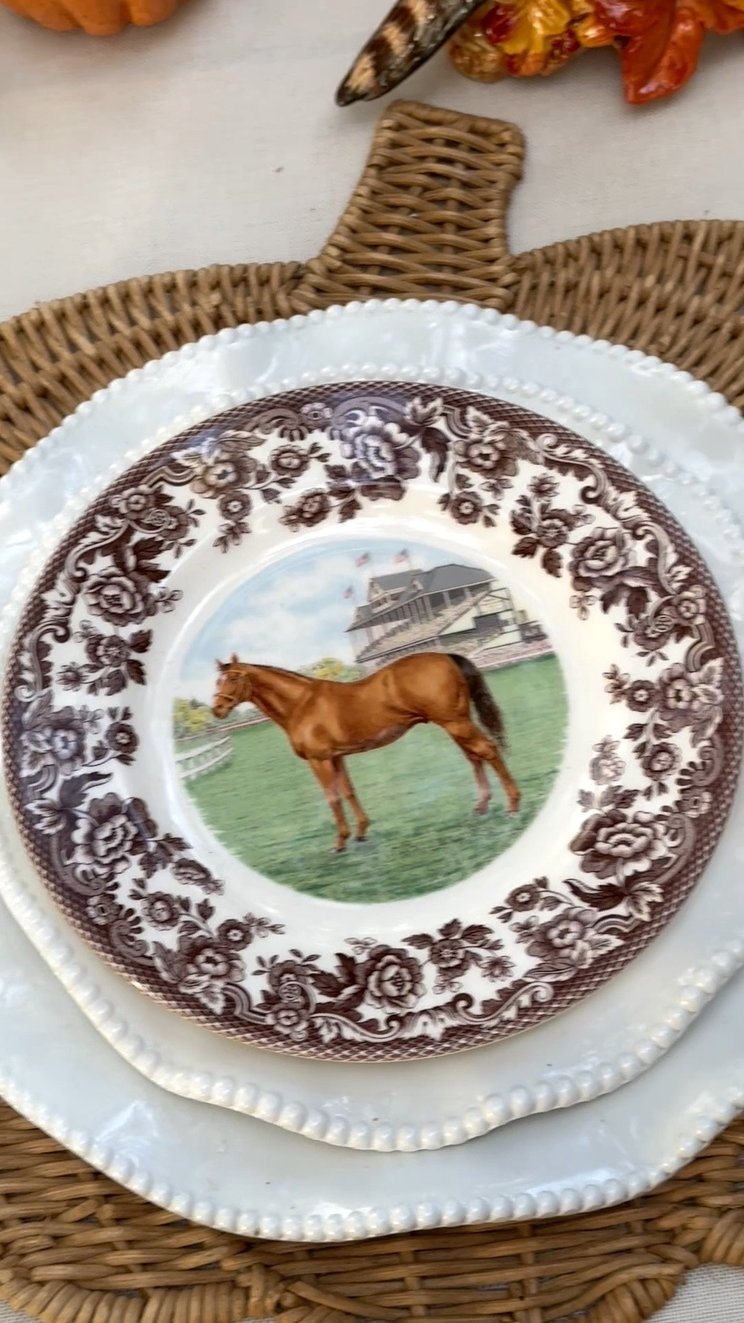 #Ad I purchased a set of four Spode horse plates from @Wayfair last year, and I still get compliments on them every time I use them! They are absolutely beautiful and will elevate any fall or Thanksgiving tablescape! I paired them with my rattan pumpkin placemats, my melamine Perlette plates, my gold flatware, and sage green fringe cloth napkins! #wayfairpartner #wayfair