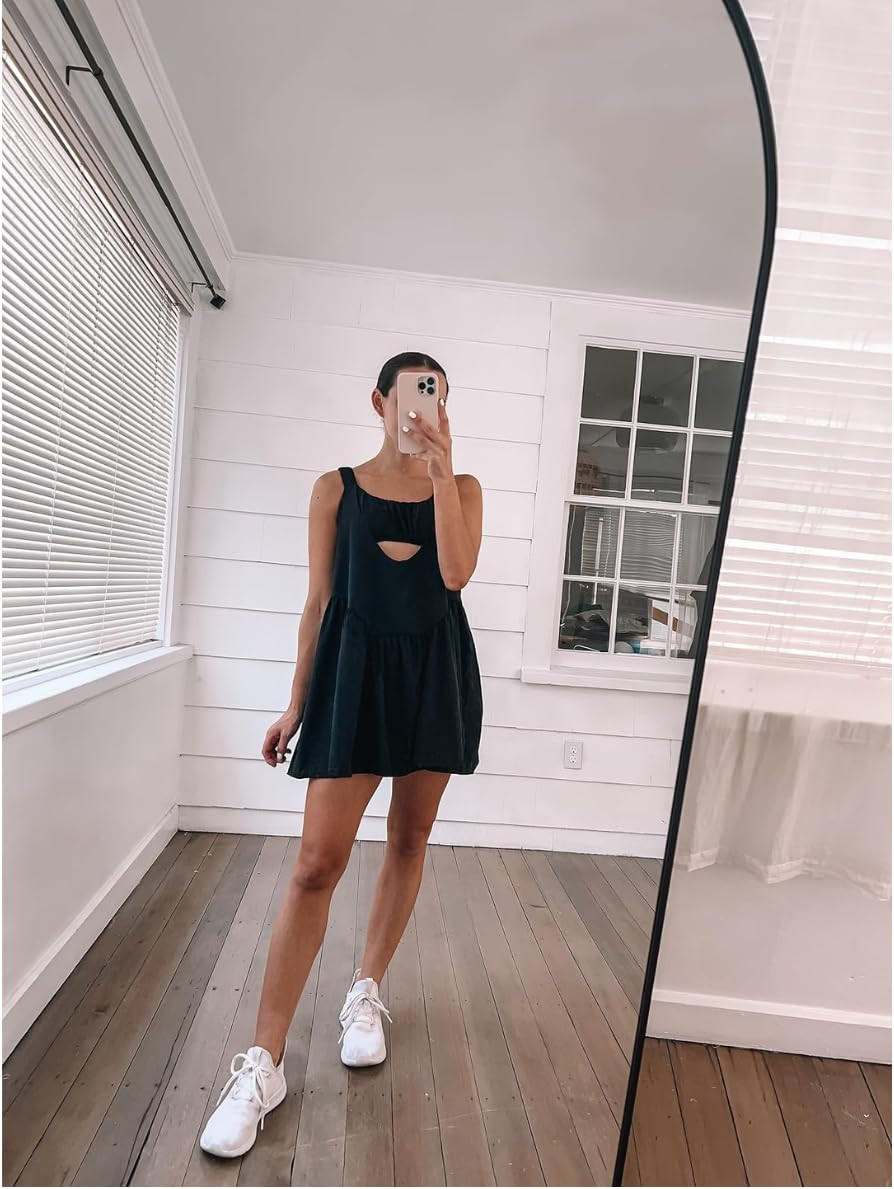 Wearing XS in this dress w/ shorts- flowy and has removable bra/pads and come with shorts! Sneakers are true to size!
tennis dress/athletic dress/adidas sneakers 

 #LTKSummerEdit #LTKSeasonal #LTKPetite