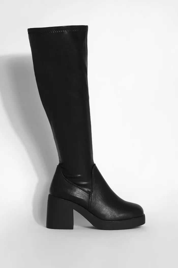 Wide Fit Stretch Block Heel Calf High Boots | Boohoo.com (UK & IE)