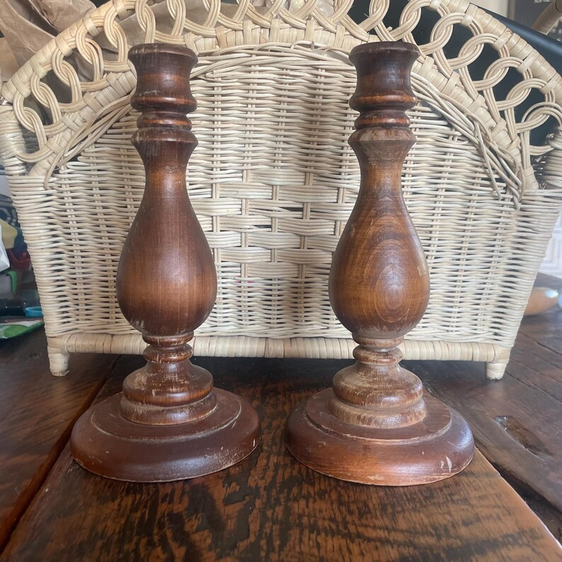Vintage Classic Brown Wooden Candle Holders With Turned Design - Etsy | Etsy (US)