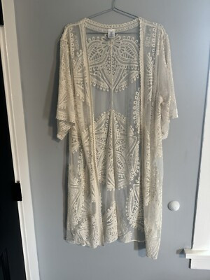 Embroidered Lace Kimono S-M Cardigan Womens Cream Floral Open Swim Coverup Boho | eBay US