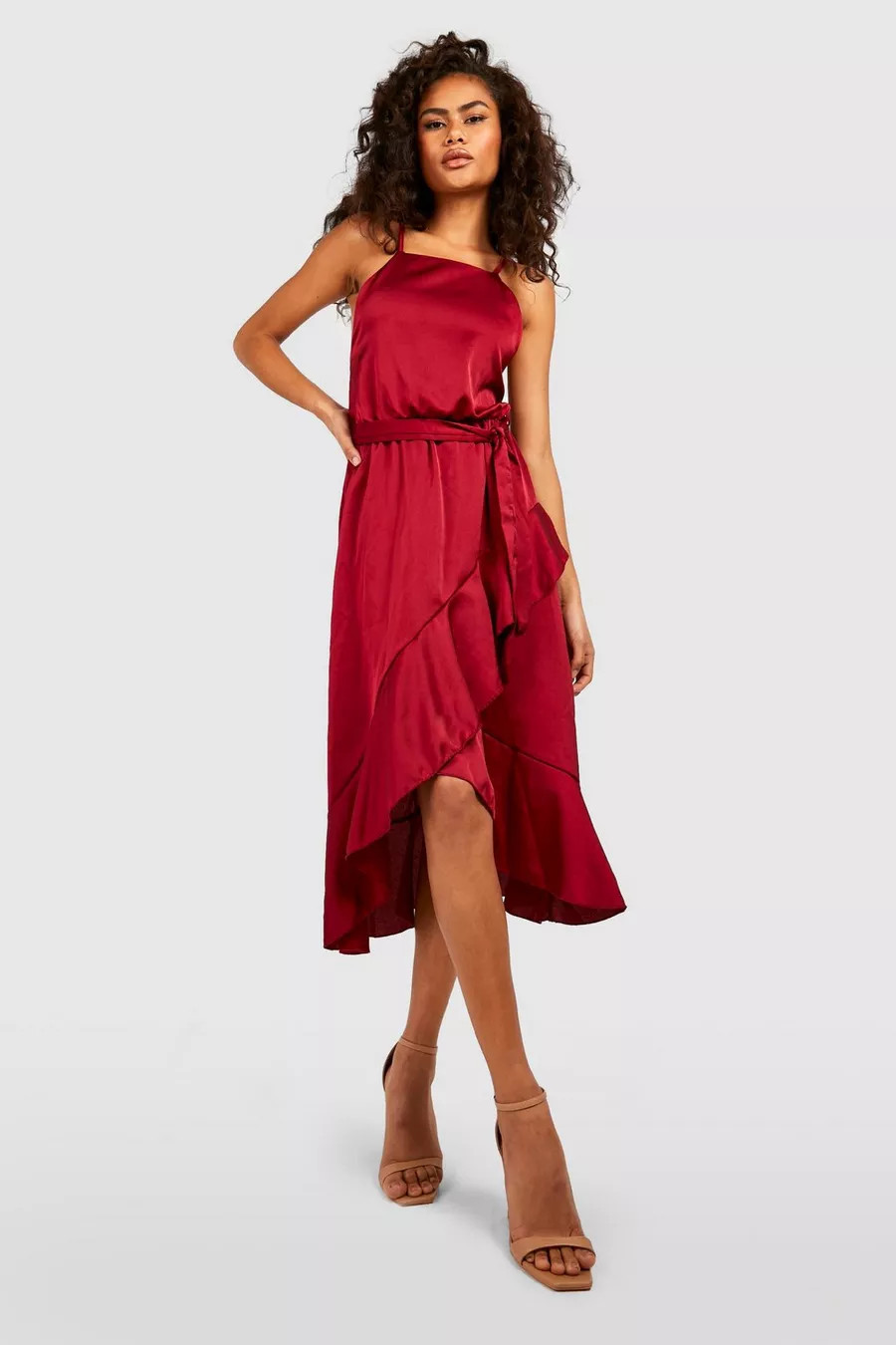 Satin Frill Wrap Midi Dress | Boohoo.com (US & CA)