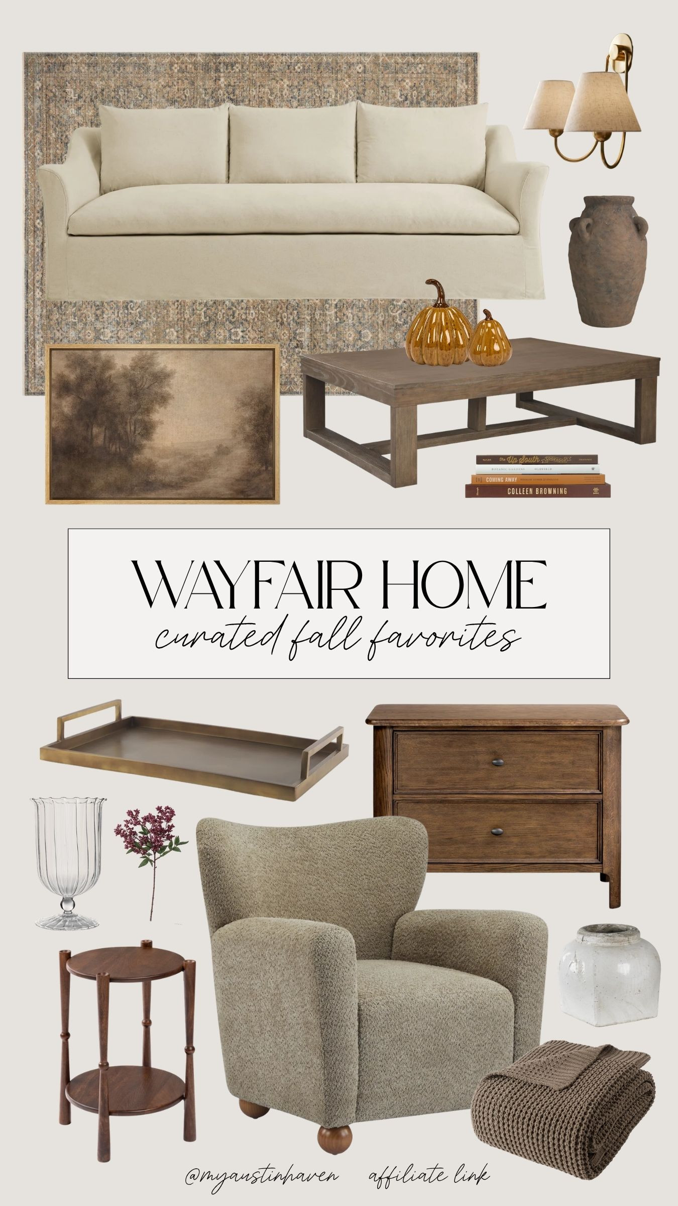 Get a head start on fall with warm wood tones, cozy textures and timeless pieces from Wayfair. These curated favorites make it easy to create a comfortable, collected home that transitions beautifully into the new season. 🍂

Early fall home decor, Wayfair home finds, curated fall favorites, new season arrivals, trending home decor, warm neutral interiors, cozy living room ideas, fall furniture finds, vintage inspired accents, textured accent chair, wood coffee table, neutral area rug, classic wall art, affordable designer look, transitional home style 

 #LTKSeasonal #LTKHome