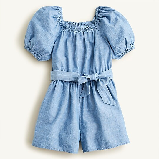 Girls' puff-sleeve romper in chambray | J. Crew US