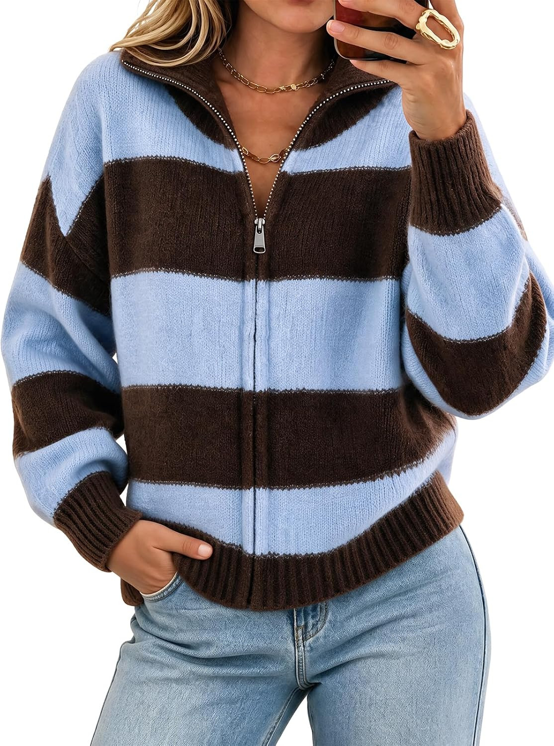 Cicy Bell Women Striped Color Block Cardigan Zip Long Sleeve Knit Sweater | Amazon (US)