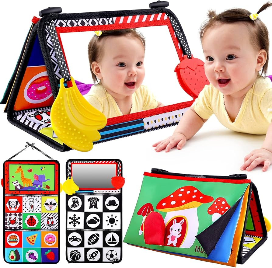 Baby Tummy Time Toys with Mirror, Books, Teethers - For 0-12 Months with High Contrast, Montessor... | Amazon (US)