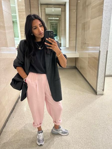 Office outfit, work outfit idea, pink fitted trousers, hush blazer, Uniqlo, new balance trainers, spring outfit, transitional outfit, Uniqlo tshirt, 

#ThisIsMyBestT #LTKxUNIQLO #LTKstyletip