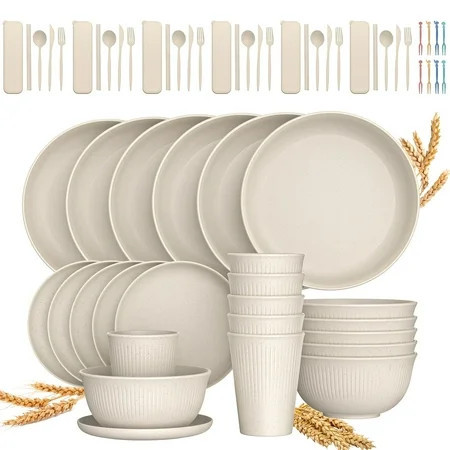 GPED 68 Pcs Wheat Straw Dinnerware Sets For 6, Unbreakable Dinnerware Sets, Reusable Wheat Straw Plates and Bowls Sets, Travel Camping Cutlery Set, Dishwasher Microwave Safe Dinnerware, Beige | Walmart (US)